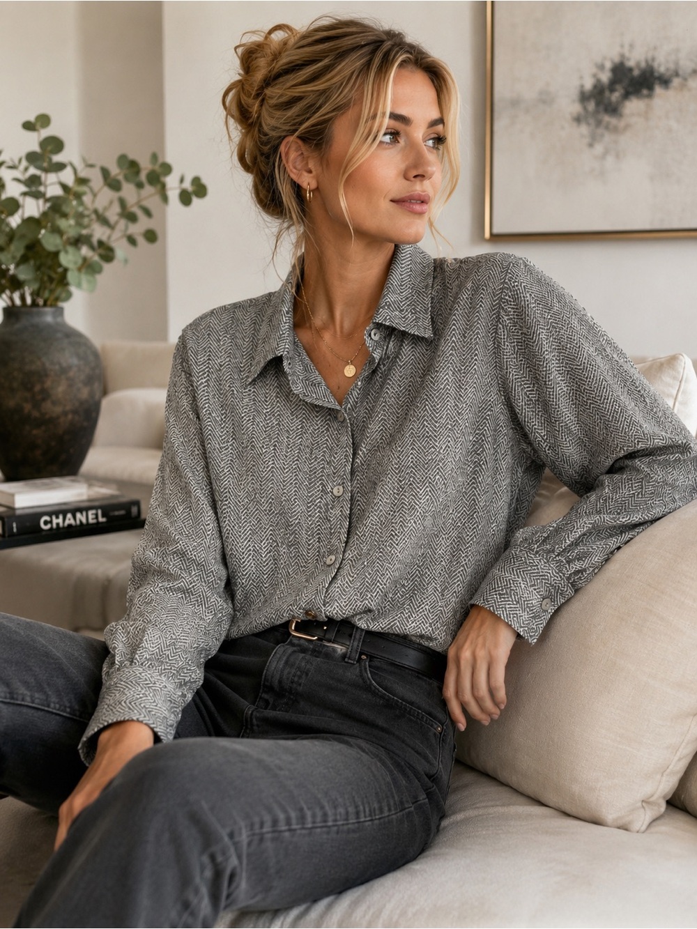 Gloria Vanderbilt Gray Chevron Button-Front Blouse